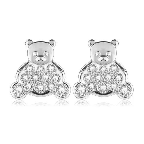 Puzetové náušnice z bílého zlata 585 - medvídek s tělem ze zirkonů