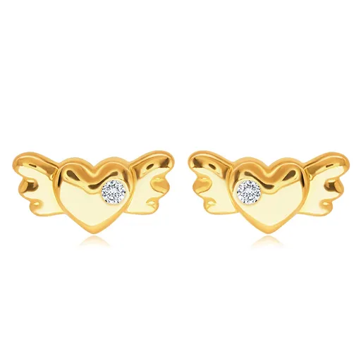 Puzetové zlaté 14K náušnice - plné symetrické srdíčko s křídly a čirým zirkonem