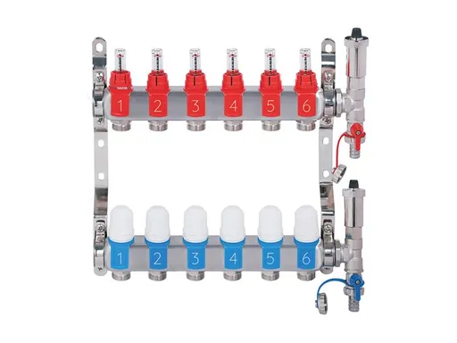 Nerezový rozdělovač hranatý s automatickým odvzdušněním - 6 cestný