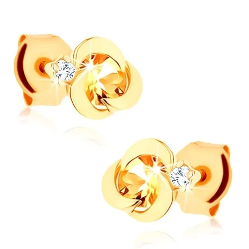 Náušnice ze žlutého 14K zlata - květ z lesklých obloučků, žlutý citrín