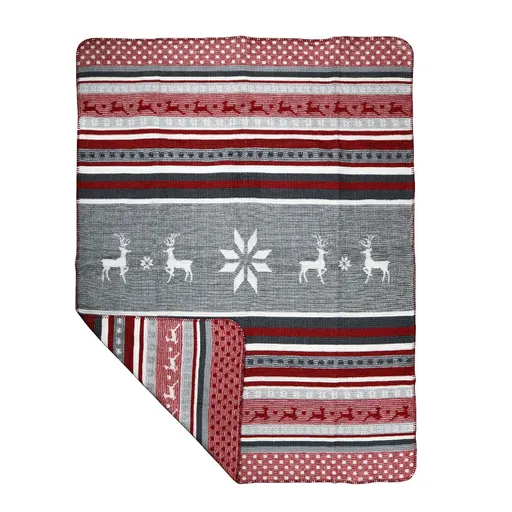 Šedo červeno bílá deka s jelenem - 130*180*3cm Mars & More