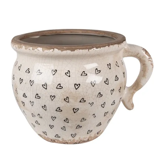 Béžový keramický obal na květináč s uchem a se srdíčky Hearti M - 17*14*12cm Clayre & Eef