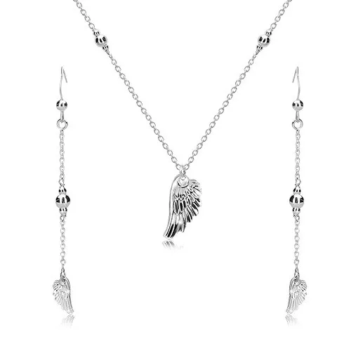 Stříbrný set 925 - náušnice a náhrdelník, andělské křídlo a lesklé kuličky