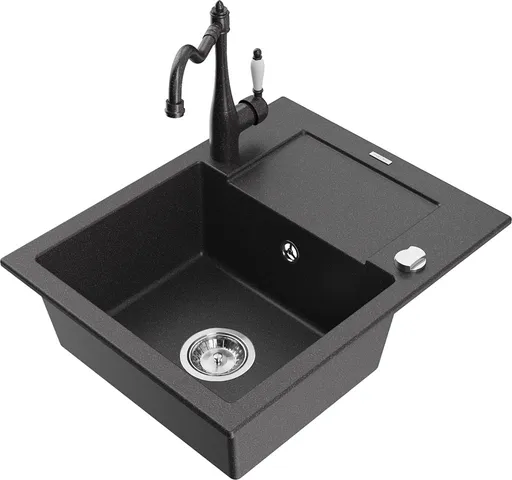 MEXEN/S Enzo granitový dřez 1 s odkapávačem včetně baterie Carla, černá kropenatá 6506-76-670700-76