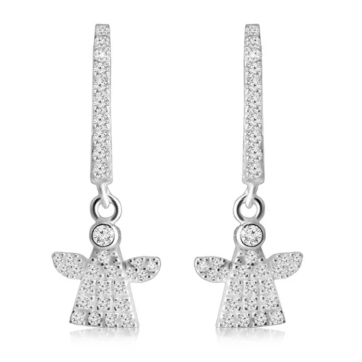 Kloubové náušnice ze stříbra 925 - kroužek a anděl zdobený čirými zirkony