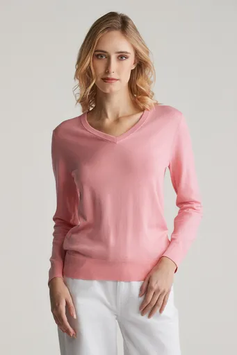 SVETR GANT FINE KNIT V-NECK GERANIUM PINK