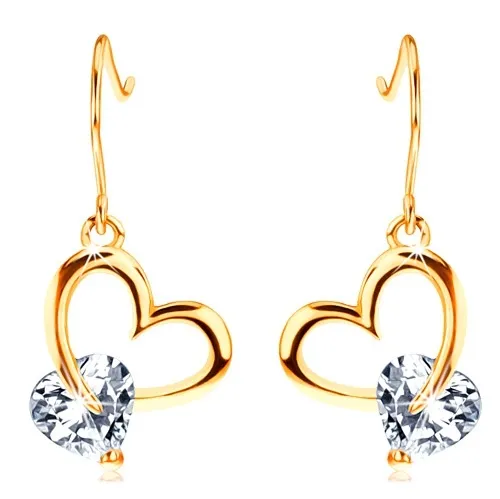 Náušnice ve žlutém 14K zlatě - lesklá kontura srdce, čiré zirkonové srdíčko