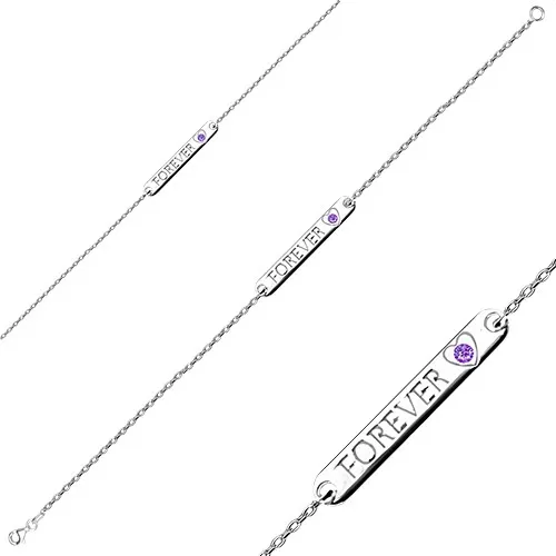 Náramek ze stříbra 925 - obdélníková očka, podlouhlá známka, nápis, srdce, zirkon