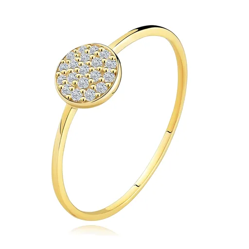 Zlatý prsten 585 - tenká lesklá ramena, kruh vykládaný čirými zirkony - Velikost: 49