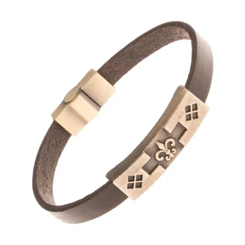 Hnědý kožený náramek, patinovaná známka mosazné barvy, Fleur de lis