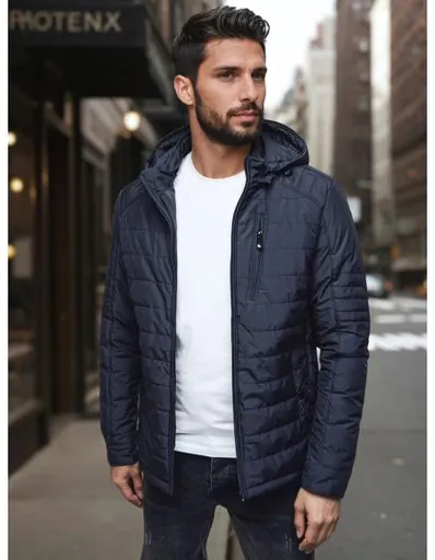 Pánská prošívaná bunda s kapucí, tmavě modrá