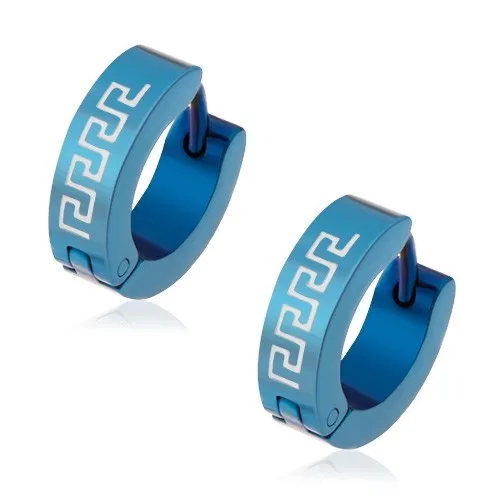 Kloubové náušnice z oceli 316L, modrý odstín, bílý motiv řeckého klíče