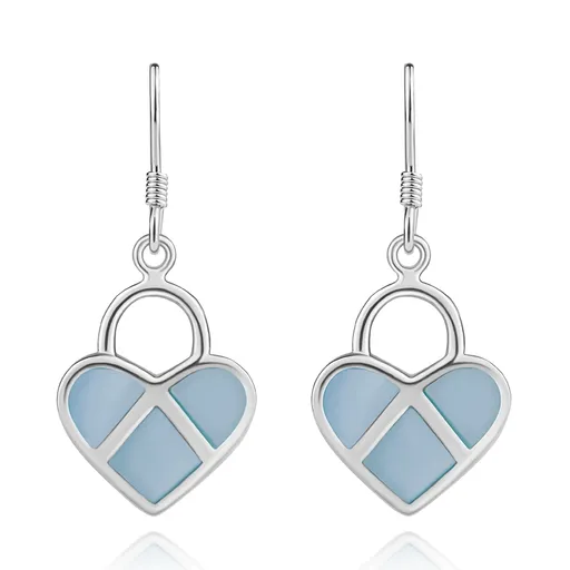 Stříbrné 925 náušnice, symetrické srdce, modrá perleť, stříbrné linie