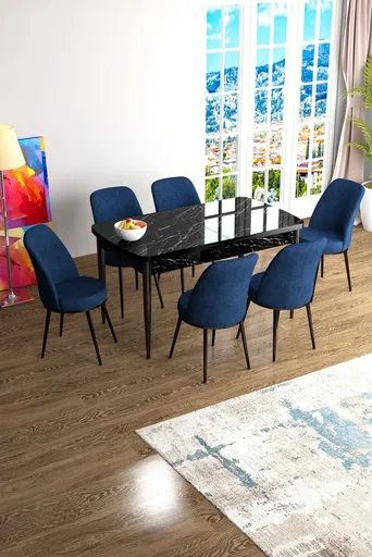 Extendable Dining Table & Chairs Set (7 Pieces) Han - Black Marble, Navy Blue