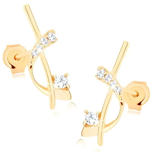 Zlaté náušnice 14K s oblúkom, zvislou líniou a čírymi zirkony