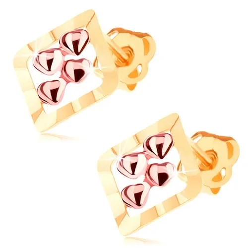 Dvoubarevné náušnice ve 14K zlatě - obrys kosočtverce, čtyři drobná srdíčka