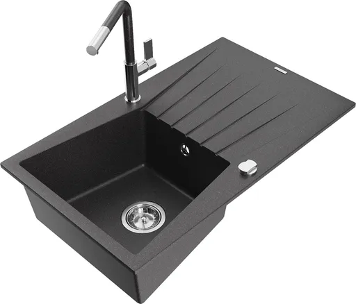 MEXEN/S Cesar granitový dřez 1-miska s odkapávačem včetně baterie Flora, černá kropenatá 6514-76-670401-08