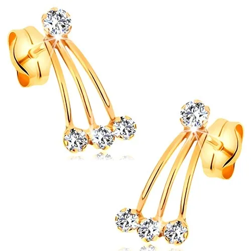 Zlaté puzetové náušnice 585 - úzké pásky a kulaté zirkony čiré barvy