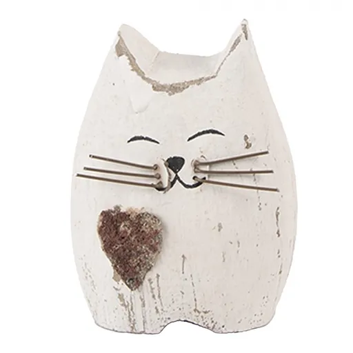 Bílá antik dřevěná dekorace kočička se srdíčkem Rustic Cat S - 6*4*7 cm Clayre & Eef