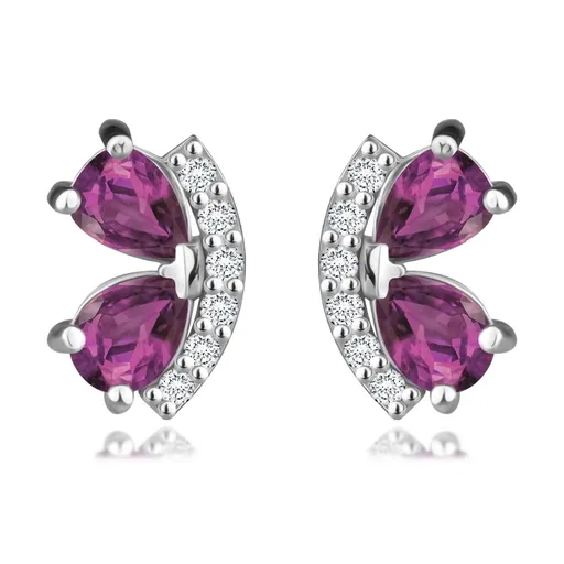 Náušnice z bílého 14K zlata - oblouk se zirkony, fuchsiové kamínky, slzičky