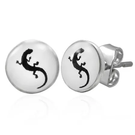 Ocelové náušnice - černá ještěrka na bílém podkladu, glazura