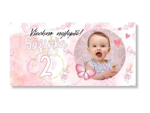 Personal Narozeninový banner s fotkou - Light pink Rozměr banner: 130 x 260 cm