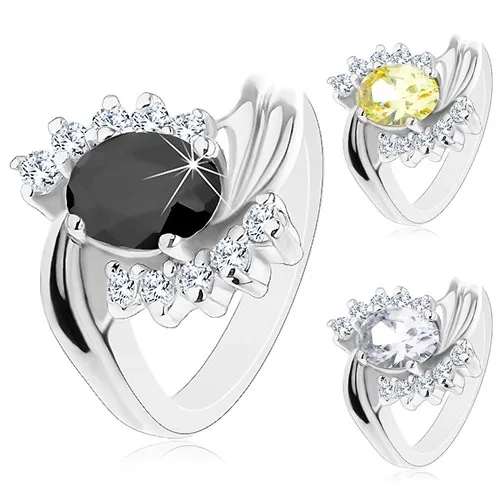 Prsten ve stříbrném odstínu, zvlněná ramena se zářezem, zirkonový ovál - Velikost: 49, Barva: Černá