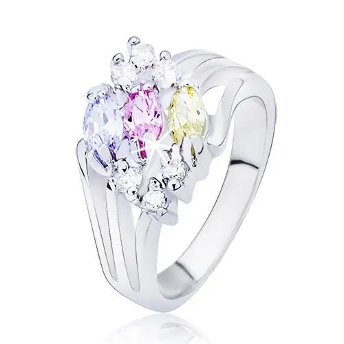 Lesklý prsten stříbrné barvy, rozvětvená ramena s barevnými oválnými zirkony - Velikost: 51