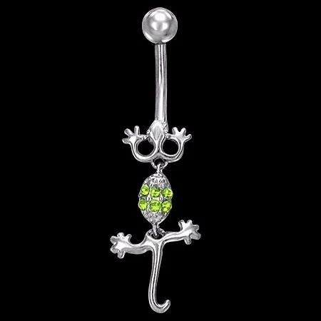 Piercing do pupíku stříbrné barvy z oceli - plazící se ještěrka, blýskavé zirkony - Barva piercing: Červená