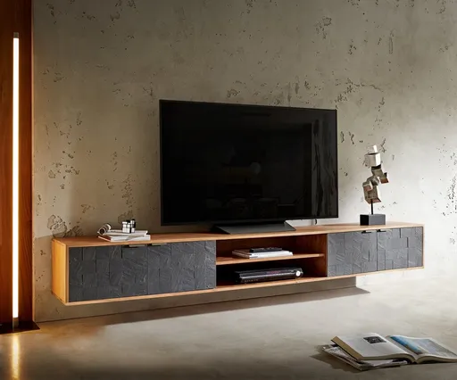 TV stolek Teele 240 cm přírodní akácie břidlice 4 dvířka