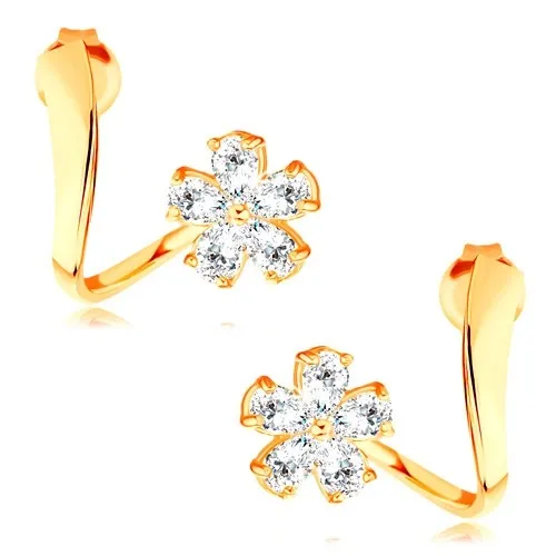 Náušnice ze žlutého 14K zlata - zvlněná stuha, blýskavý zirkonový květ