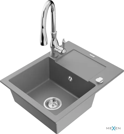 MEXEN/S Enzo granitový dřez 1 s odkapávačem včetně baterie Savita, šedá 6506-71-672601-00