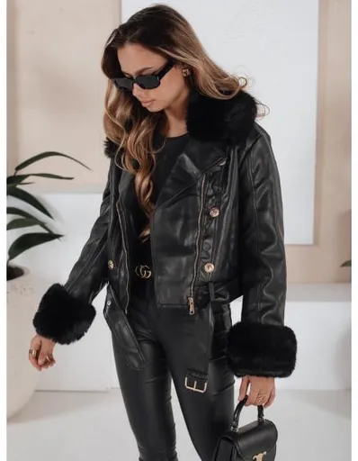 Dámská kožená zimní bunda s kožešinou černá