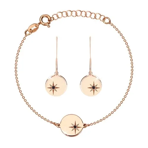 Stříbrná 925 sada, růžovozlatý odstín - náramek a náušnice, kruh s Polárkou, černý diamant