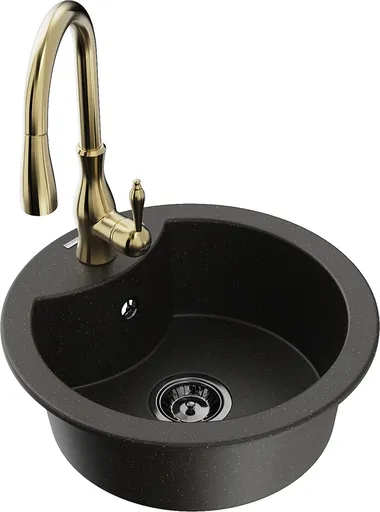 MEXEN/S Diego granitový dřez 1-miska včetně baterie Savita, černá/zlatá metalik 6512-75-672601-50-B