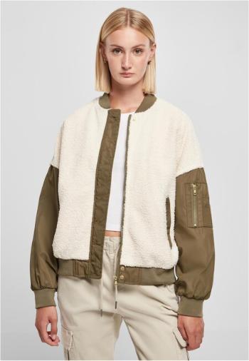 Urban Classics Ladies Oversized Sherpa Mixed Bomber Jacket whitesand/darkolive - XS