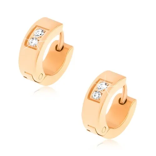 Kloubové ocelové náušnice zlaté barvy, zrcadlový lesk, dva čiré zirkony