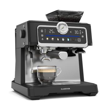 Klarstein Kávovar GrandPresso Touch, 20 barů, integrovaný mlýnek, indikátor tlaku, mléčná pěna