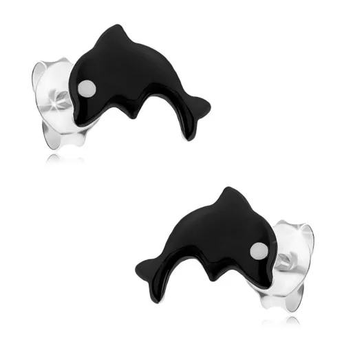 Stříbrné 925 náušnice, malý delfín pokrytý černou glazurou, bílé oko