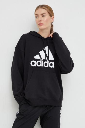 Bavlněná mikina adidas dámská, černá barva, s kapucí, s potiskem