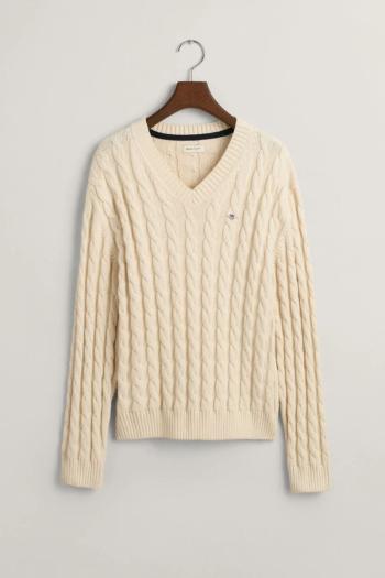 SVETR GANT SHIELD RELAXED CABLE V-NECK EGGSHELL