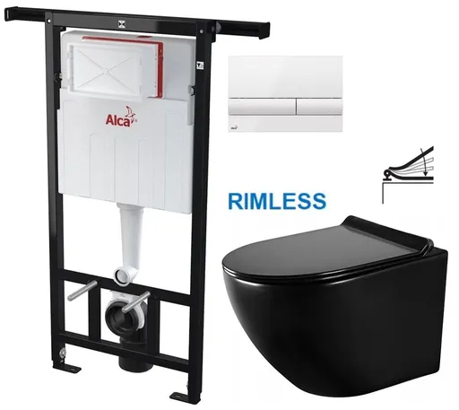 Předstěnový instalační systém s bílým tlačítkem M1710 + WC MEXEN LENA ČERNÁ Rimless + SEDÁTKO AM102/1120 M1710 ME01
