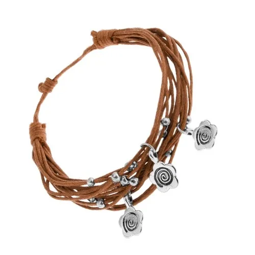 Světle hnědý šňůrkový náramek, ozdoby z oceli - kuličky a kvítky