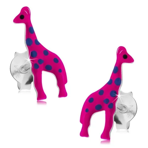 Náušnice ze stříbra 925, neonově růžová žirafa s modrými tečkami, glazura
