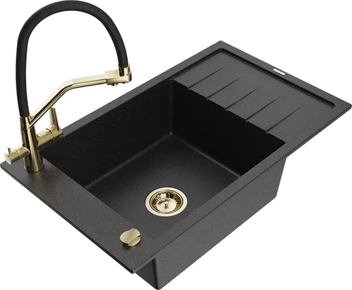 MEXEN/S Elias granitový dřez s odkapávačem včetně baterie Duo, černá/stříbrná metalik 6511-73-671701-57-G