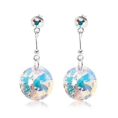 Stříbrné 925 náušnice, kruhový světle žlutý krystal Swarovski, barevné odlesky