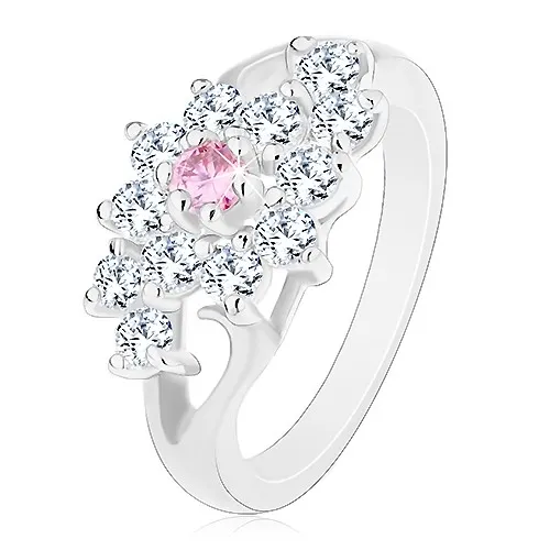 Prsten s lesklými rozdělenými rameny, čirý kvítek s růžovým středem - Velikost: 53