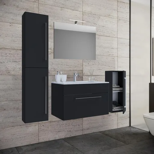 VCM 5dílná umyvadlová skříňka Badinos 1 zásuvka 60 cm se zrcadlem, střední a vysokou skříňkou, černá