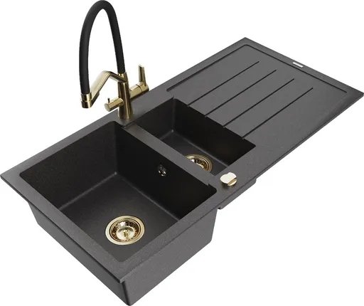 MEXEN/S Andres granitový dřez s odkapávačem včetně baterie Duo, černá nakrapiany 6515-76-671701-57-G