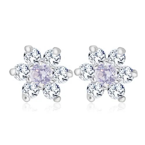 Náušnice z 925 stříbra  - zářivý zirkonový květ, světle fialový kulatý zirkon, puzetky